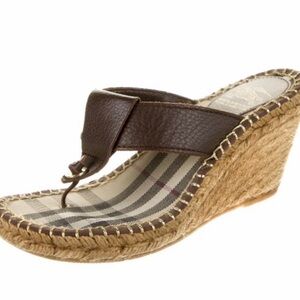 AUTHENTIC Burberry Leather Nova Checkered Plaid Wedges Heels Espadrilles